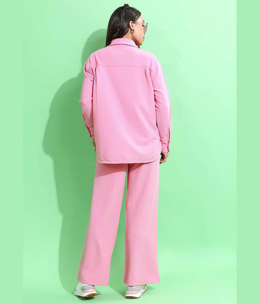 Tokyo Talkies Women Solid Shirt With Trousers Co-Ord Set ( Pink ) view 3