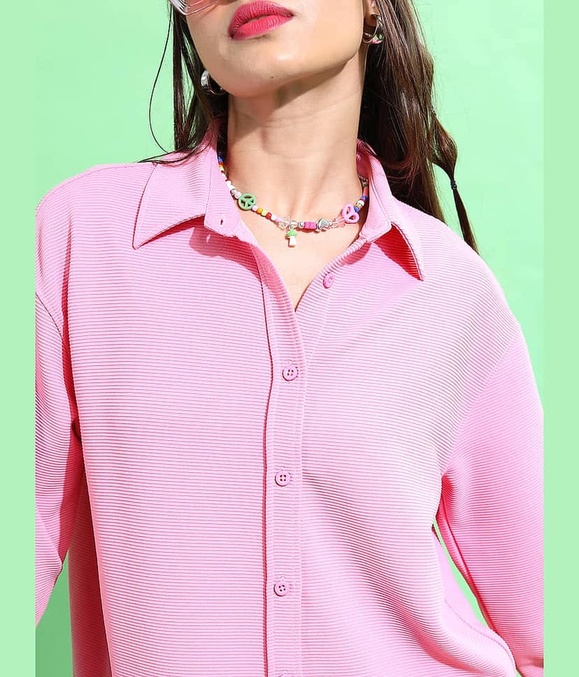 Tokyo Talkies Women Solid Shirt With Trousers Co-Ord Set ( Pink ) view 5