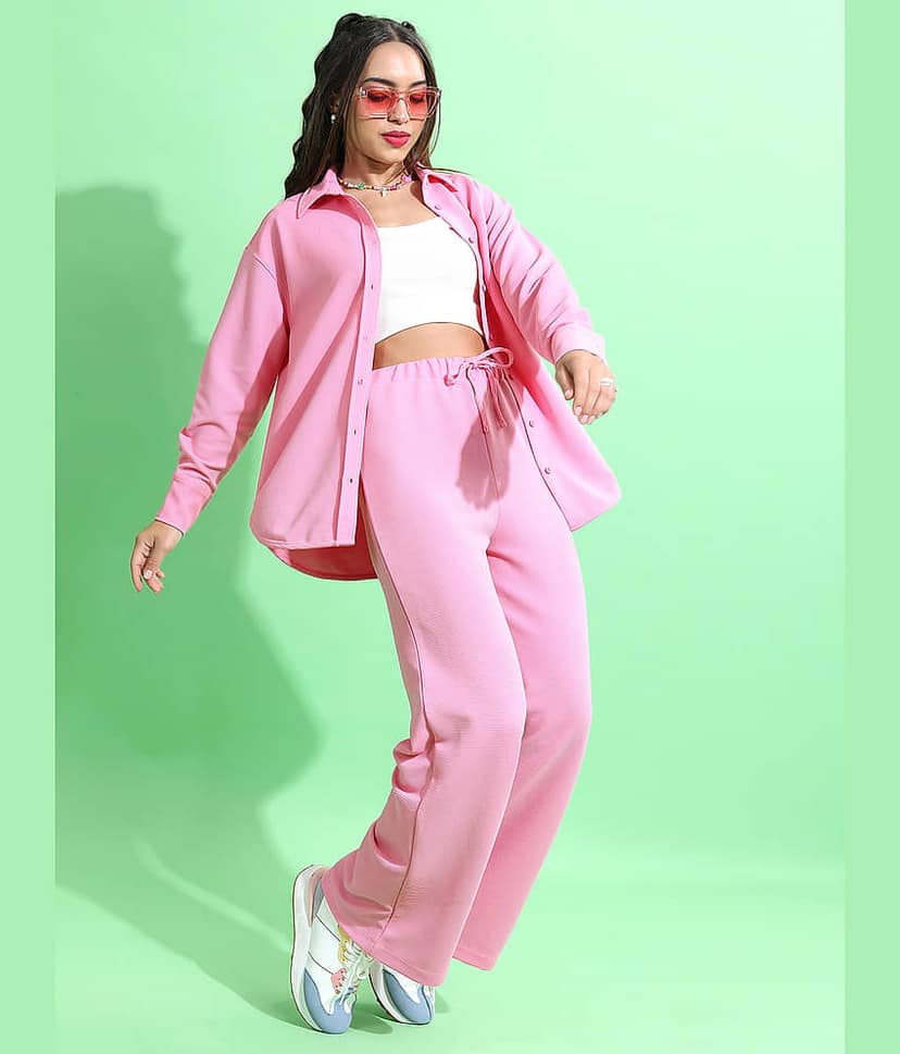 Tokyo Talkies Women Solid Shirt With Trousers Co-Ord Set ( Pink ) view 6