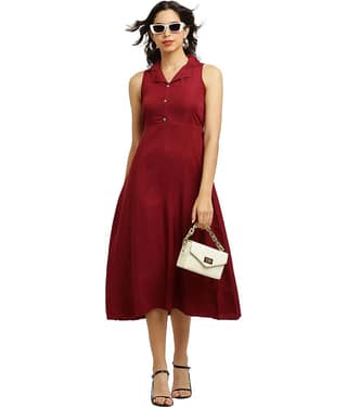 READYON Women Crepe Solid Fit & Flare Dress ( Maroon )
