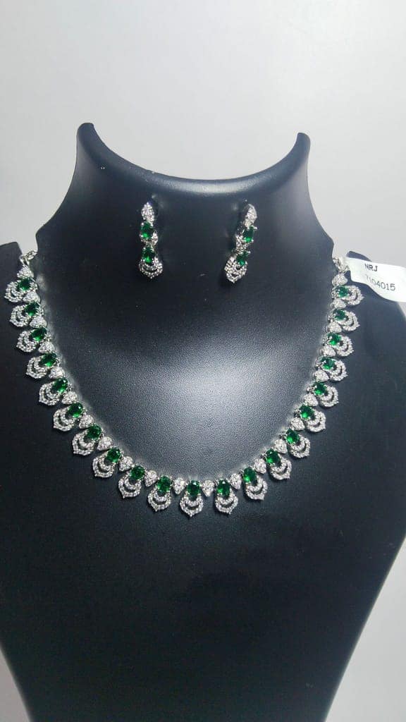 Stunning Silver Plated Green Emerald American Diamond Bridal Necklace Set view 2
