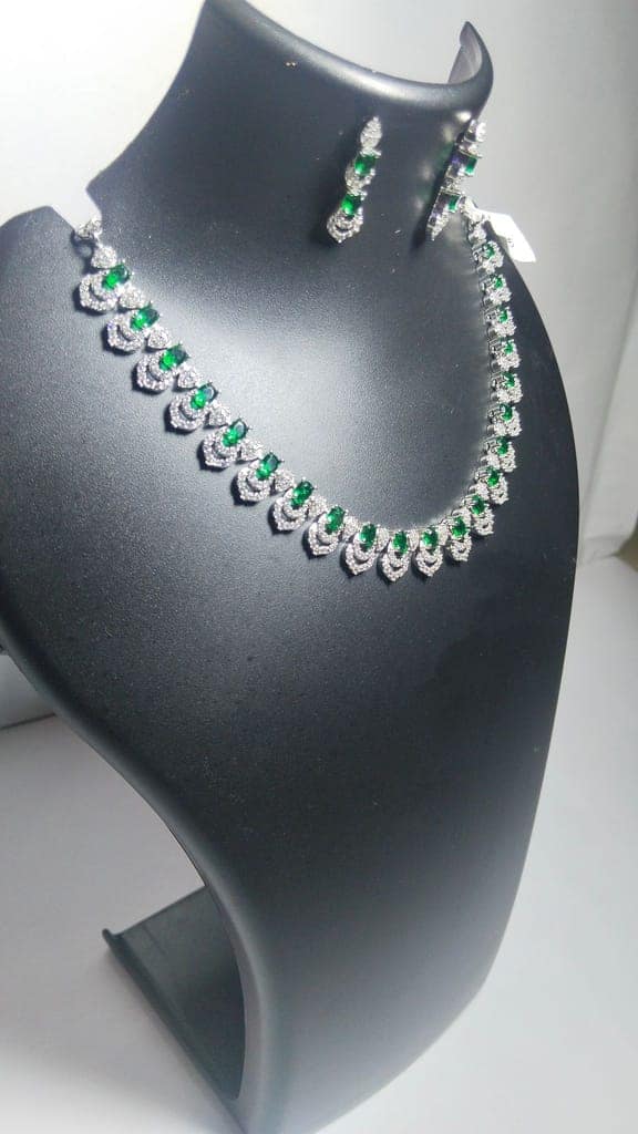 Stunning Silver Plated Green Emerald American Diamond Bridal Necklace Set view 3