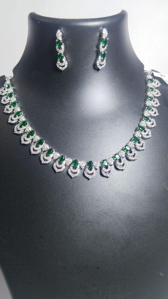 Stunning Silver Plated Green Emerald American Diamond Bridal Necklace Set view 4