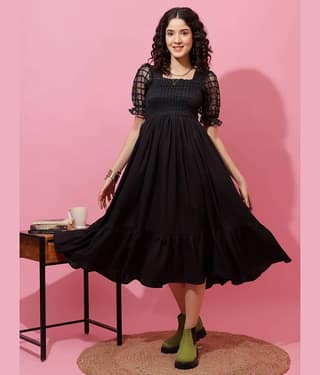Sheetal associates Women Crepe Solid Fit & Flare Dress ( Black )