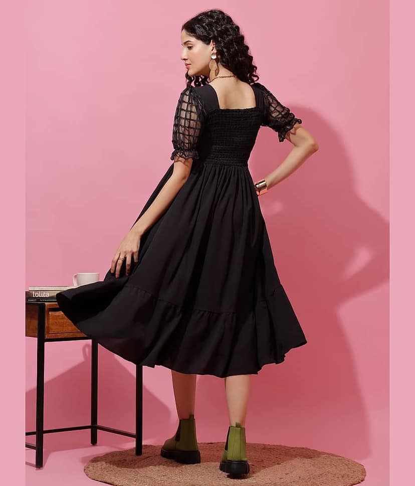 Sheetal associates Women Crepe Solid Fit & Flare Dress ( Black ) view 2