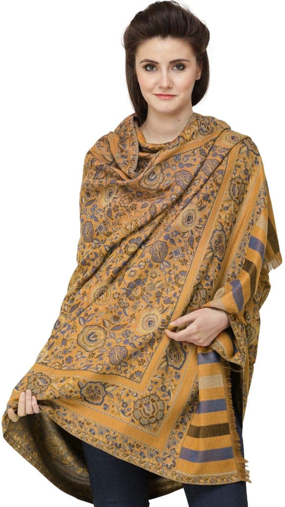 Butterscotch Jamawar Shawl with Woven Flowers in Multicolored Thread view 2
