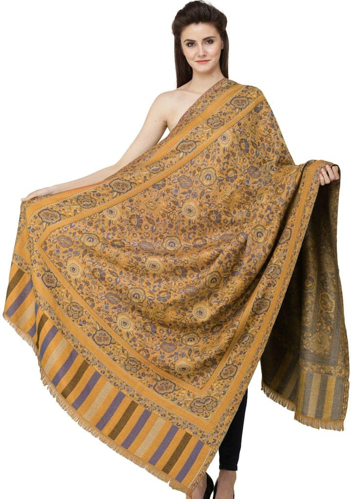 Butterscotch Jamawar Shawl with Woven Flowers in Multicolored Thread view 3
