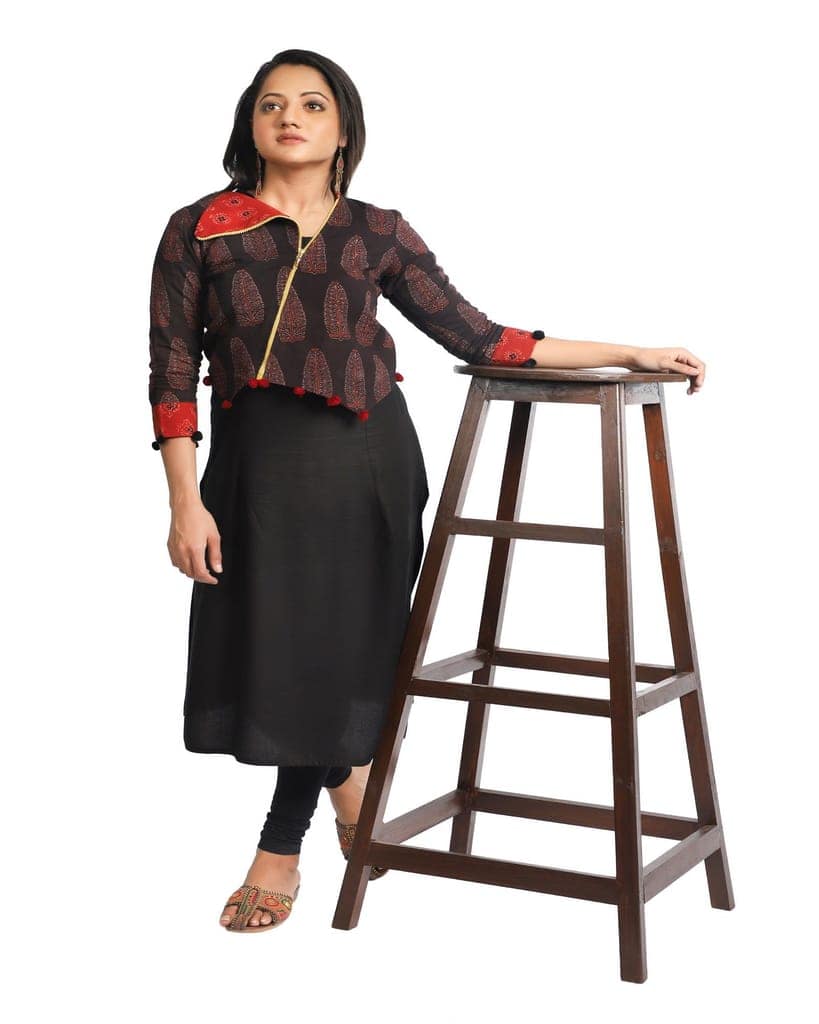 Black Red Boho Printed Cotton Jacket view 3