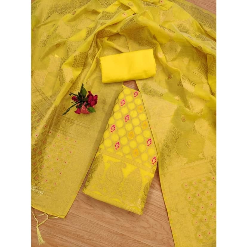 womens banarasi silk printed unstitched salwar suit material with dupatta yellow pid62678 view 3