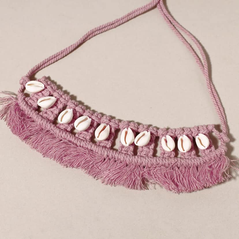 Pink Thread & Seashell Work Handmade Macrame Choker Necklace view 3
