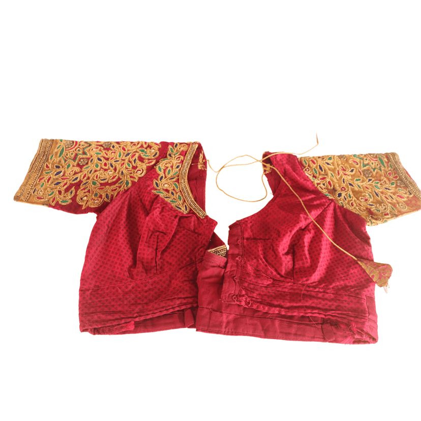 Red and gold embroidered silk blouse with intricate floral designs view 2