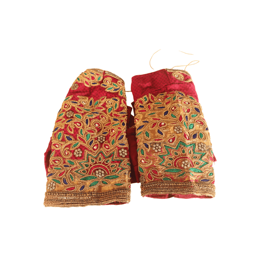 Red and gold embroidered silk blouse with intricate floral designs view 3