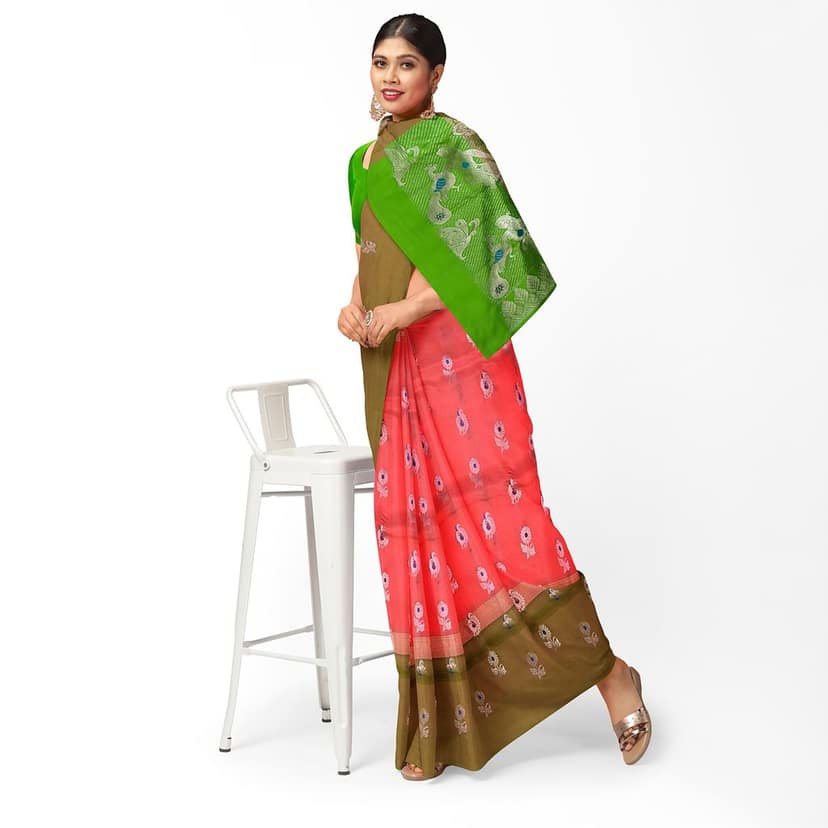 Dark Coral Color Beautiful Floral and Peacock Butta Kanjivaram Pure Silk Saree view 2