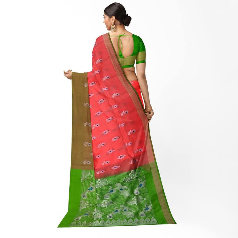Dark Coral Color Beautiful Floral and Peacock Butta Kanjivaram Pure Silk Saree view 3