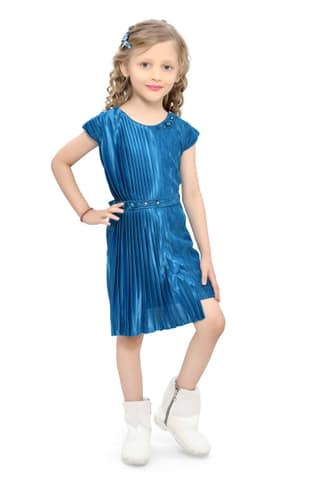 Be:kids Blue Twirl Girls' Pleated Dress with Metallic Belt and Floral Hair Accessory