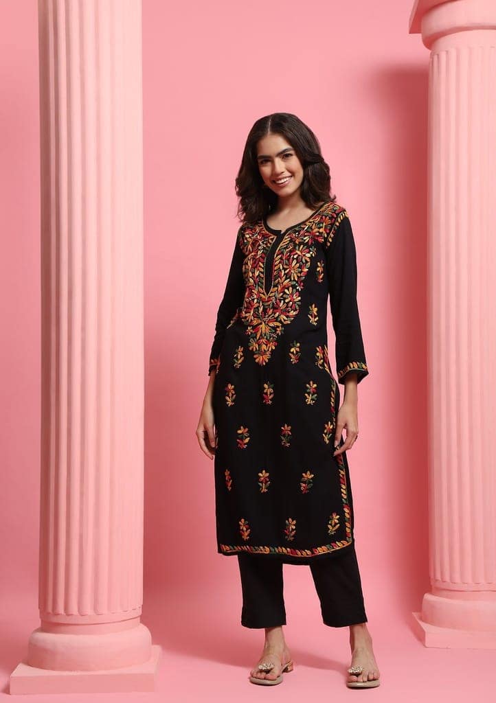 Rayon Chikankari Solid Women's Long Kurta - Black