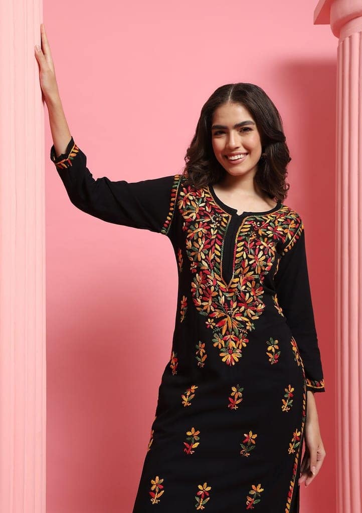 Rayon Chikankari Solid Women's Long Kurta - Black view 3
