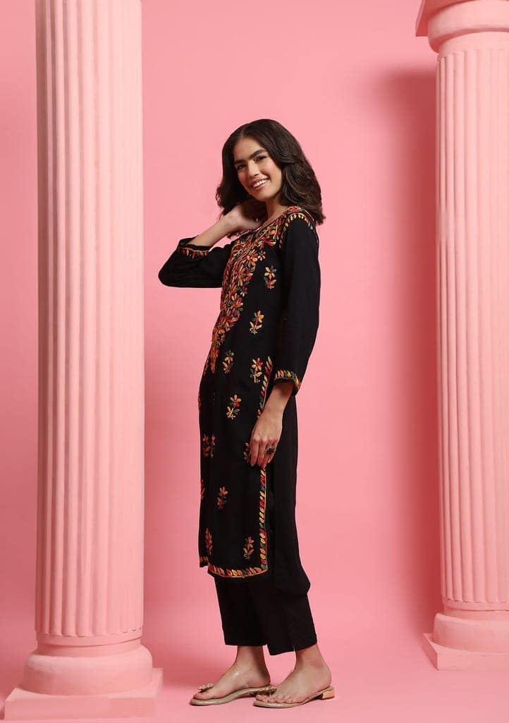 Rayon Chikankari Solid Women's Long Kurta - Black view 4