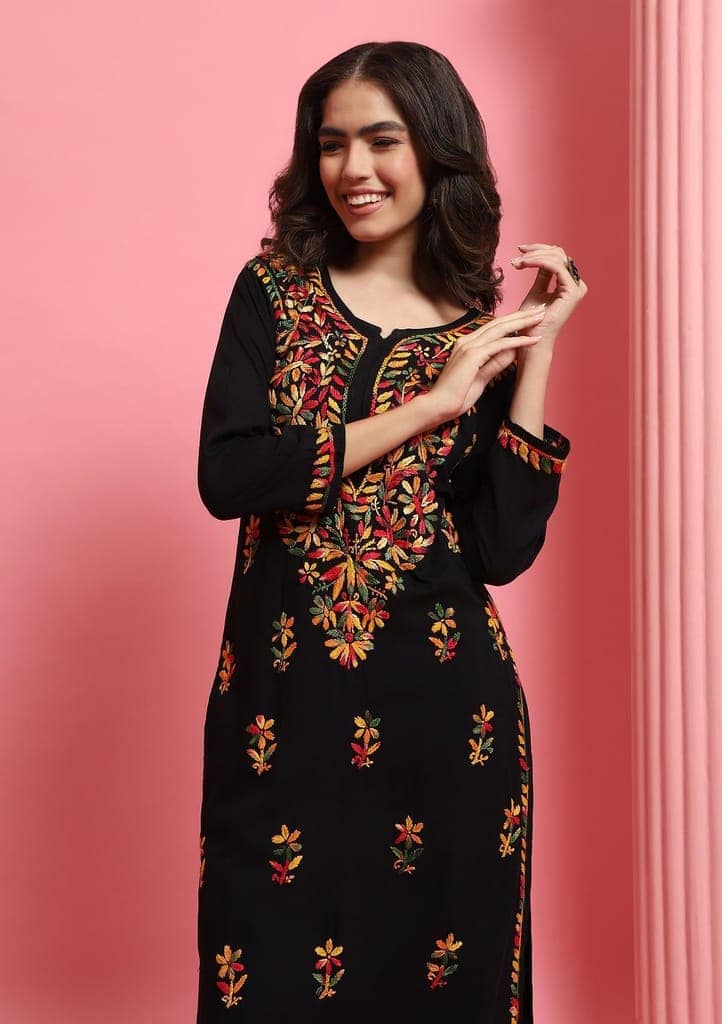 Rayon Chikankari Solid Women's Long Kurta - Black view 5