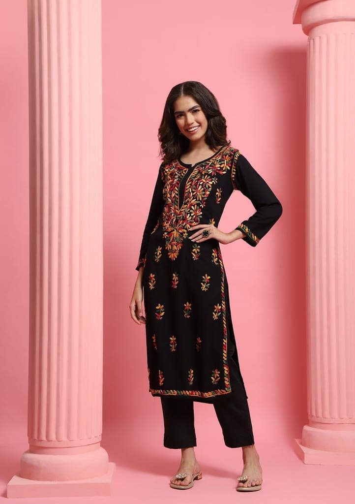 Rayon Chikankari Solid Women's Long Kurta - Black view 6