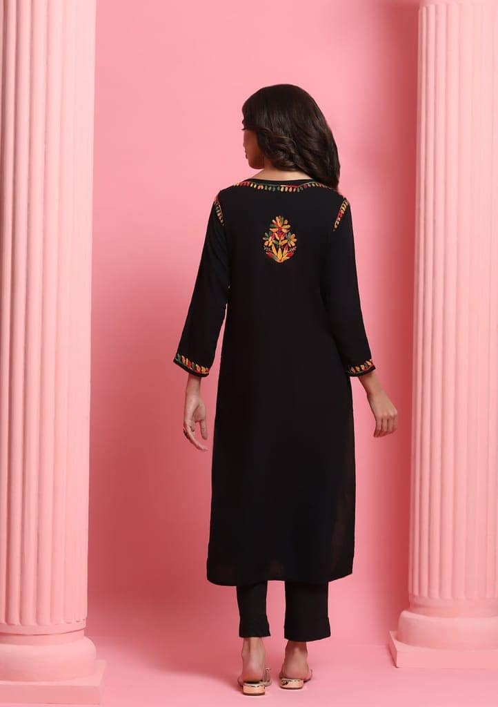 Rayon Chikankari Solid Women's Long Kurta - Black view 7