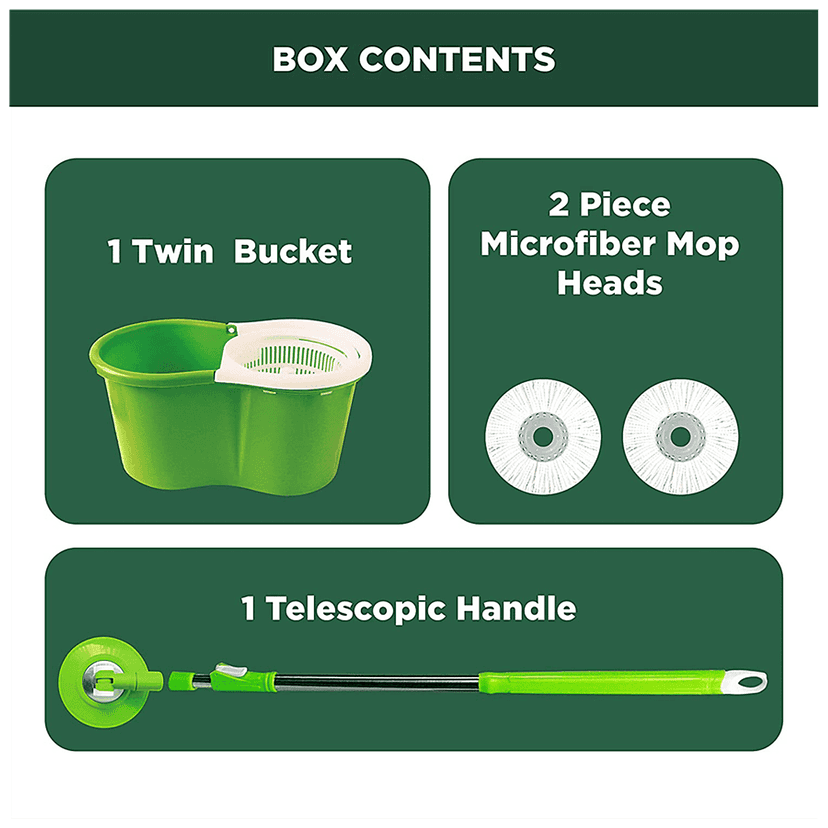 Scotch Brite Twin Bucket Spin Mop - Plastic, With Rod, Refill Included, Green, 1 Pc view 2