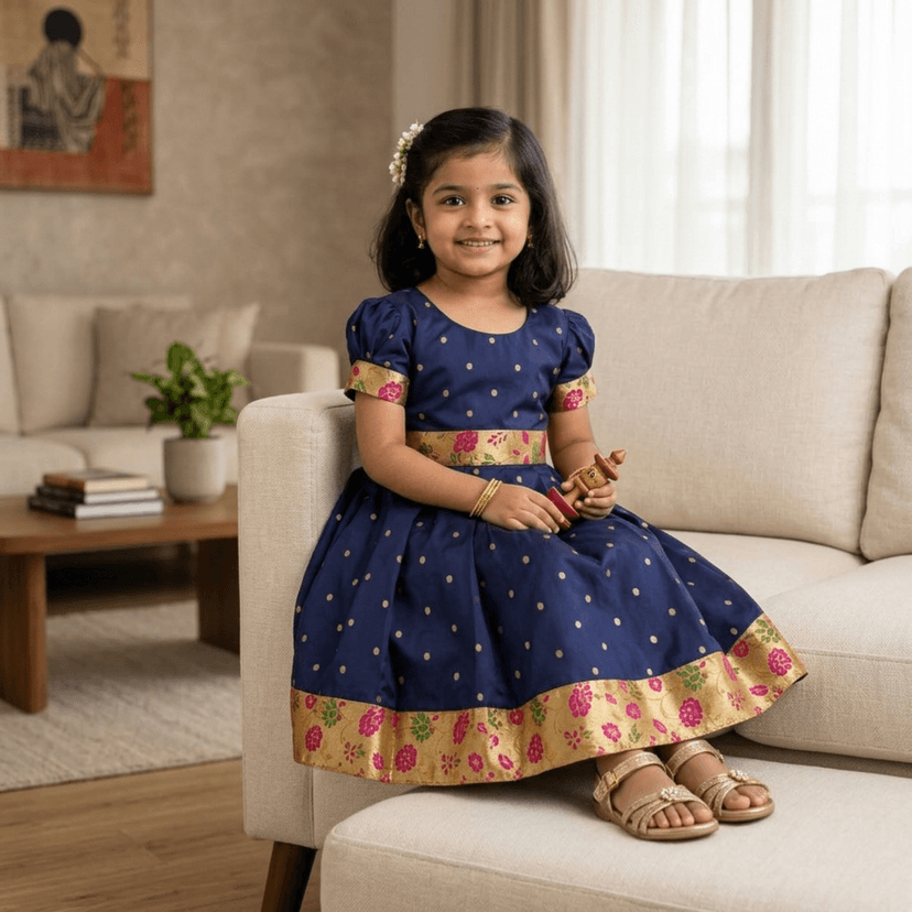 luster Frock taffata-Paithani Age (0 to 5) (6-12 Months, Navy Blue) view 3