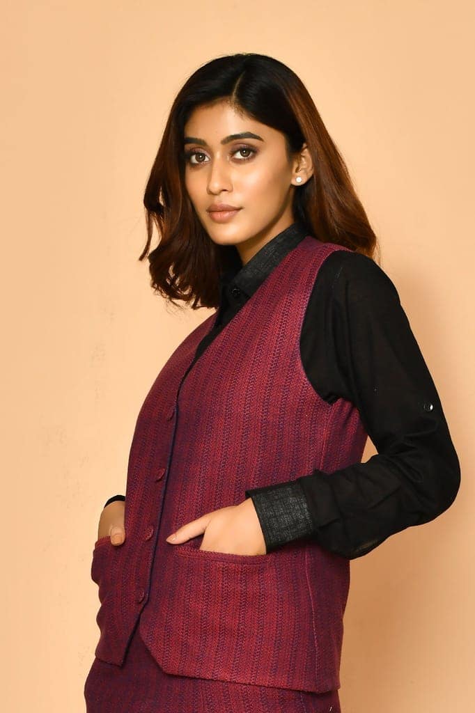 Red V-neck Handloom Cotton Jacket view 5