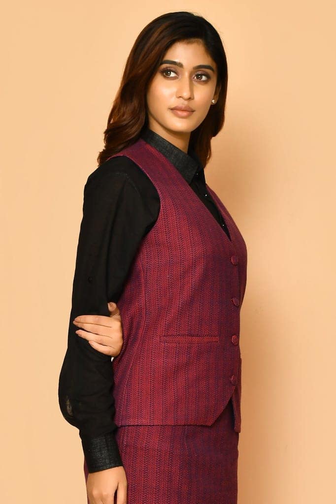 Red V-neck Handloom Cotton Jacket view 6