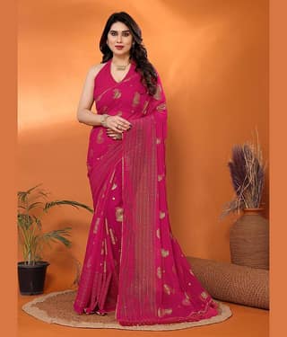 VEDANT VASTRAM Georgette Self Design Saree With Unstitched Blouse Piece ( Green )