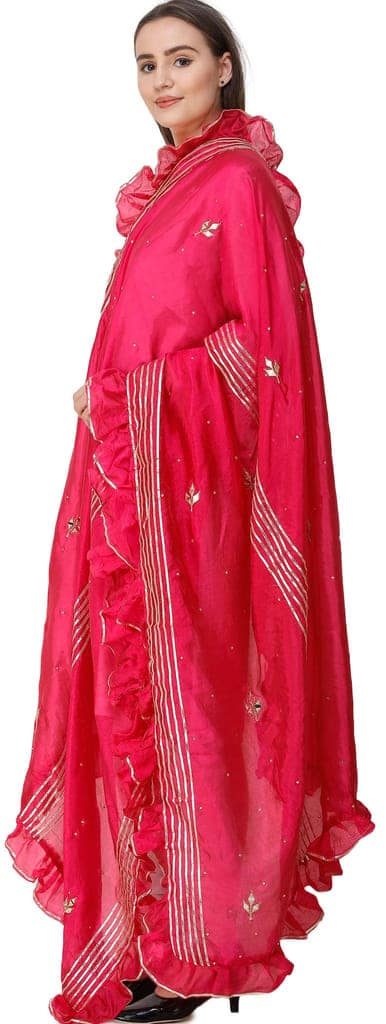 Bright-Rose Dupatta from Amritsar with Gota Patches and Frill Border view 2