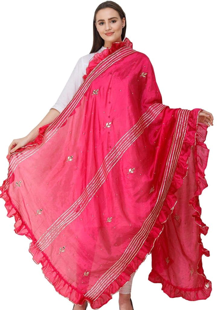 Bright-Rose Dupatta from Amritsar with Gota Patches and Frill Border view 3