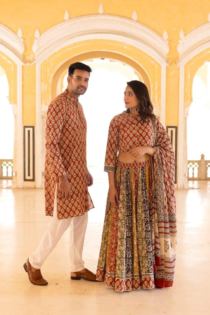 Handblock Printed Cotton Lehanga with Mulmul Dupatta and Kurta Pyjama Combo (Size: 32-46) Brown Color-1852