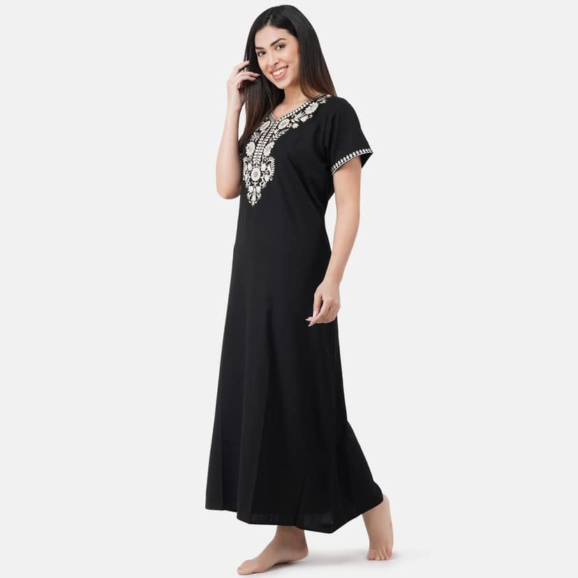 KOI SLEEPWEAR Premium Women White SIX Flower Embroidery Night Gown Lizzybizzy Cotton Nighty Maxi view 3