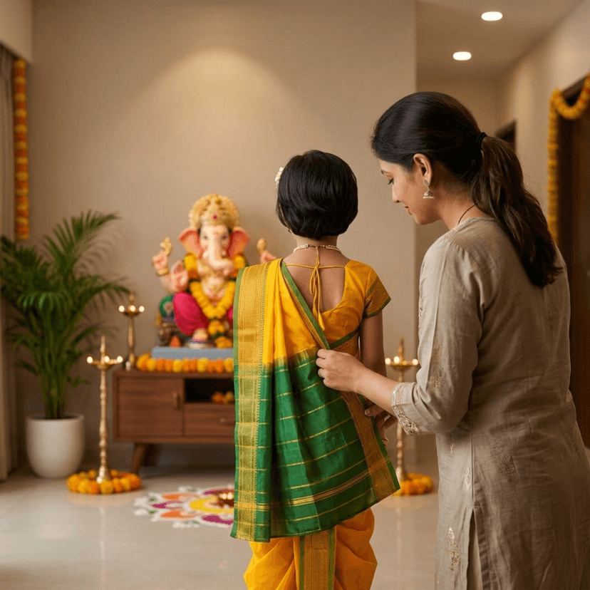Mom and Me Nauvari Saree for Girls/Baby Girl, Ready to Wear, Marathi Maharashtrian Traditional Saree, Festival Outfit for Puja, Ganpati Festival, School Programs stitch Blouse (Yellow, 11-12 Years) view 3