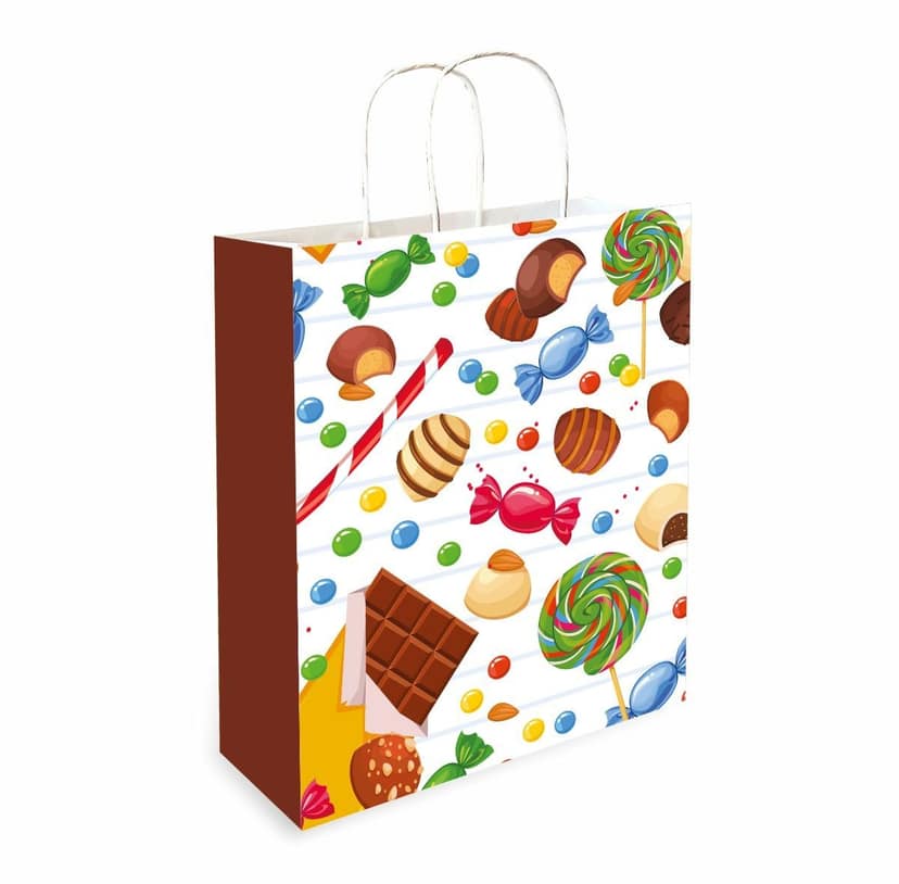 90 GSM Small Candy Theme Printed Attractive Small Party Paper Gift Bags, Ideal For Birthday Return Gifts, Kids Party, & Gifting On Special Occasions (Size:9.4x7.9x3 inch) - 24