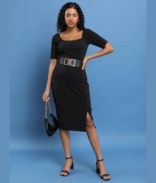 Ketch Women Polyester Solid Bodycon Dress ( Black )