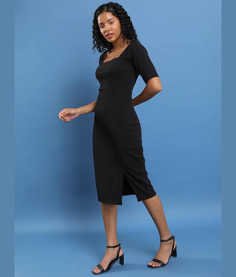 Ketch Women Polyester Solid Bodycon Dress ( Black ) view 3