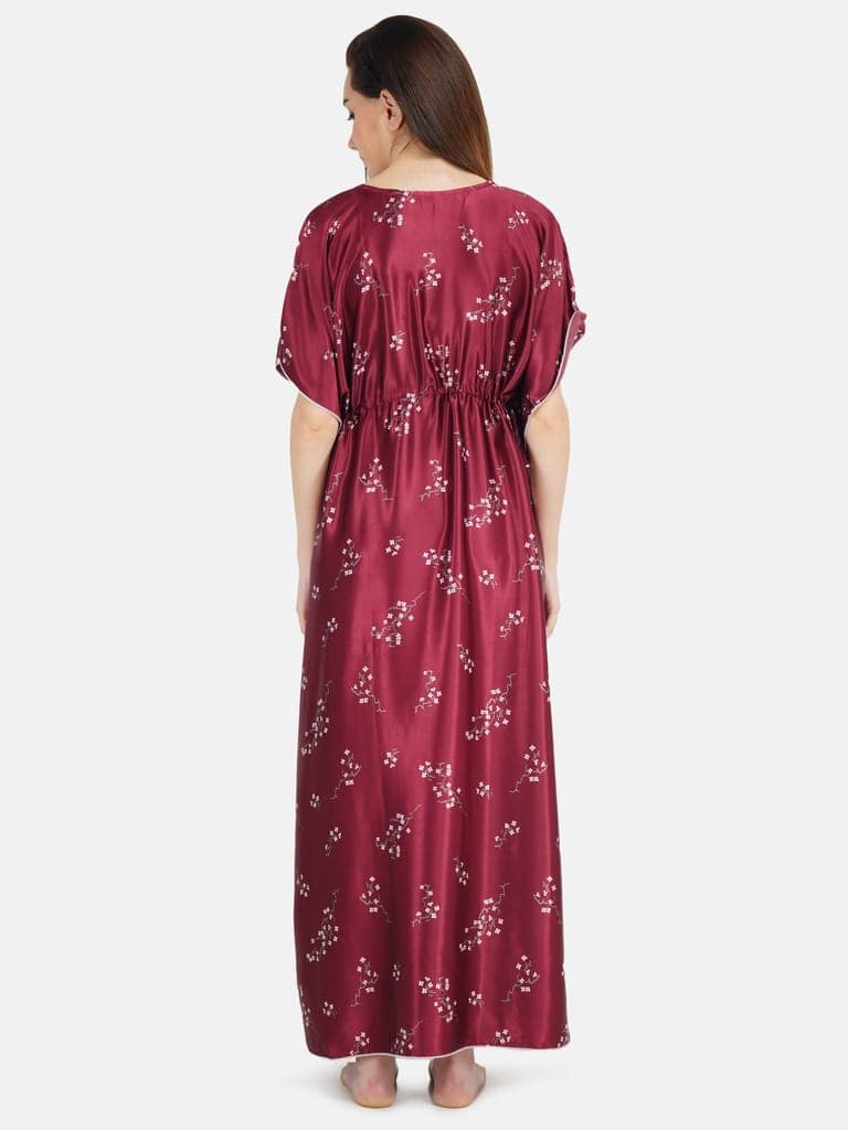 KOI SLEEPWEAR Women's Printed Satin Kaftan Gown/ Maxi Night Gown for Women - Maroon view 4