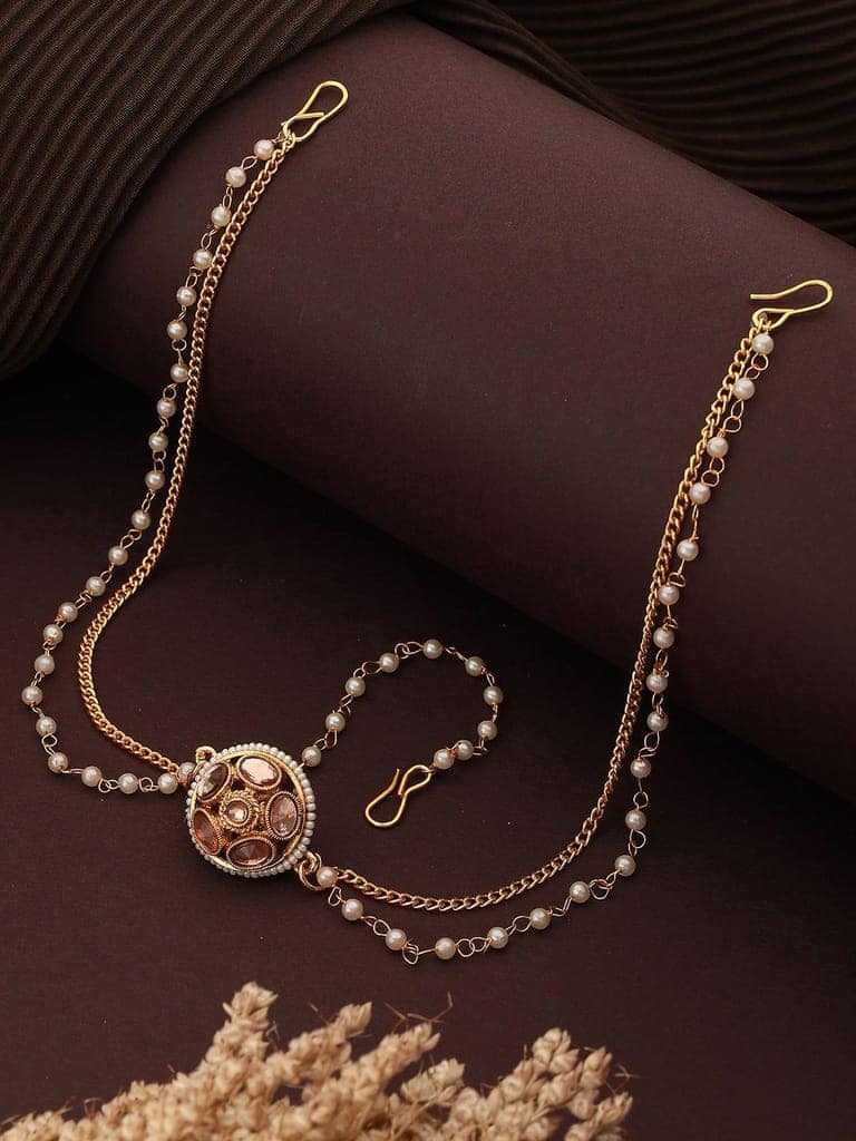 Gold Plated White Kundan Studded Pearl Beaded Borla Mathapatti view 3