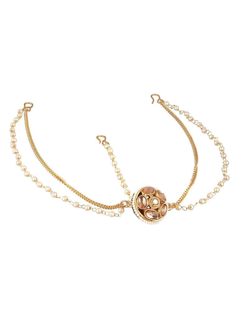 Gold Plated White Kundan Studded Pearl Beaded Borla Mathapatti view 4