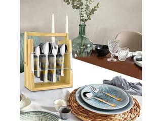 Parage 25 Pieces Stainless Steel Moonpress Cutlery Set with Wooden Hanging Stand for Dining, 24k Golden Plated Spoon Set
