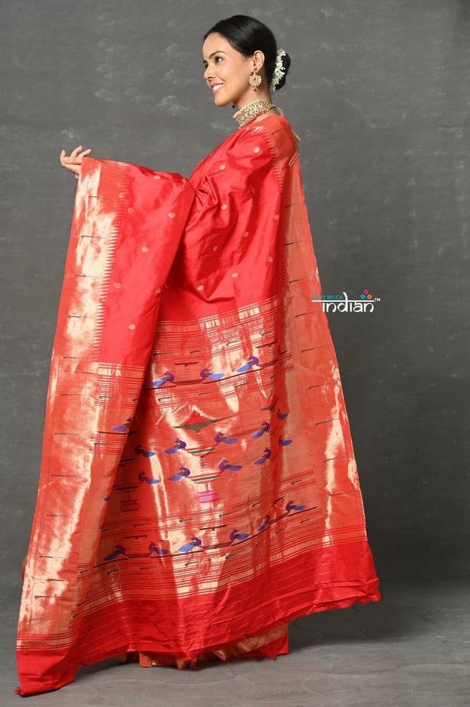 Tyohaar ~ Handloom Pure Silk Muniya Border Paithani Saree with Traditional Double Pallu Pallu ~ Bright Red view 3