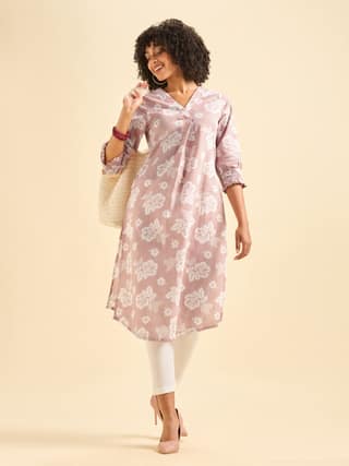 Pink and White Cotton Flax Printed Slit Kurti With Smocking Cuff