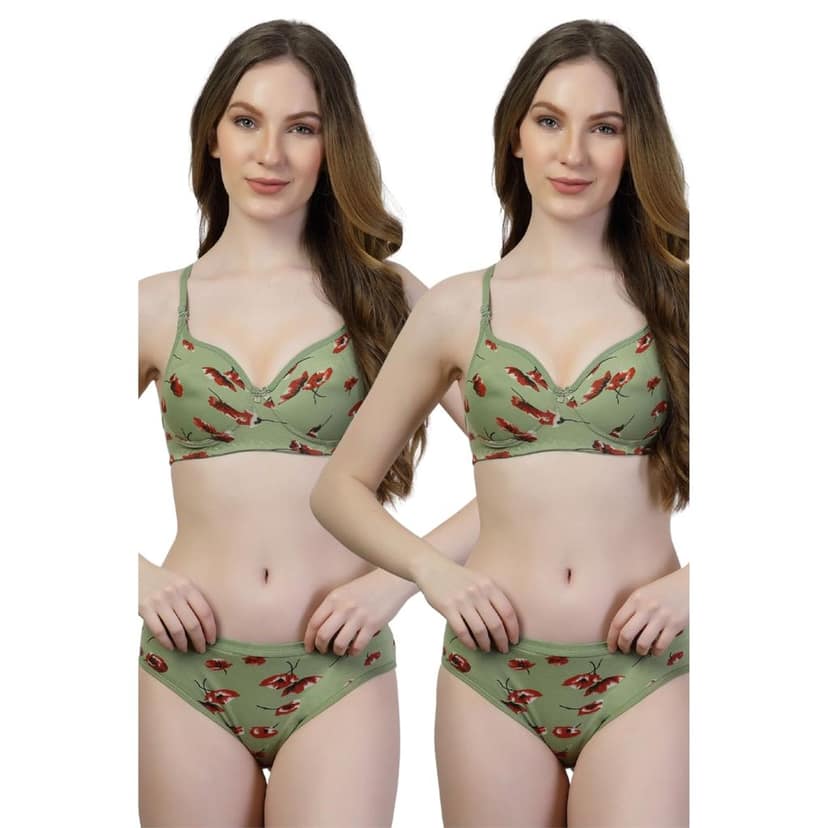 Pack of 2 Floral Print Cotton Bra Panty Set | Women�s Padded Lingerie