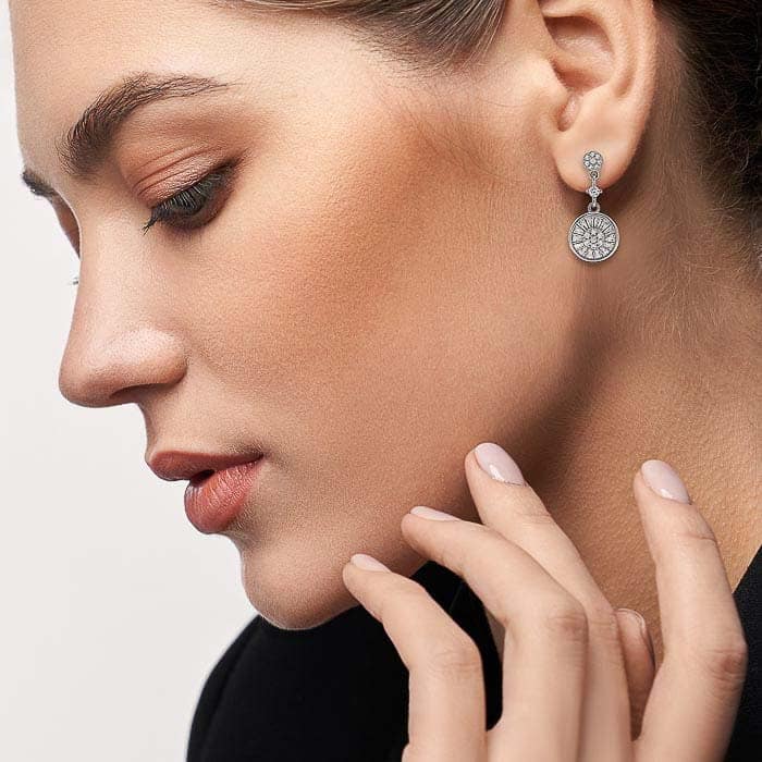 Silver Wheel Dangle Earrings view 2