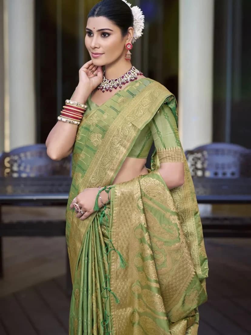 Green Satin Silk Saree view 2