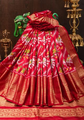 Red Ikkat Kanjivaram Pure Silk Saree with Leheriya Madthas Design and Red wide Border| SILK MARK CERTIFIED