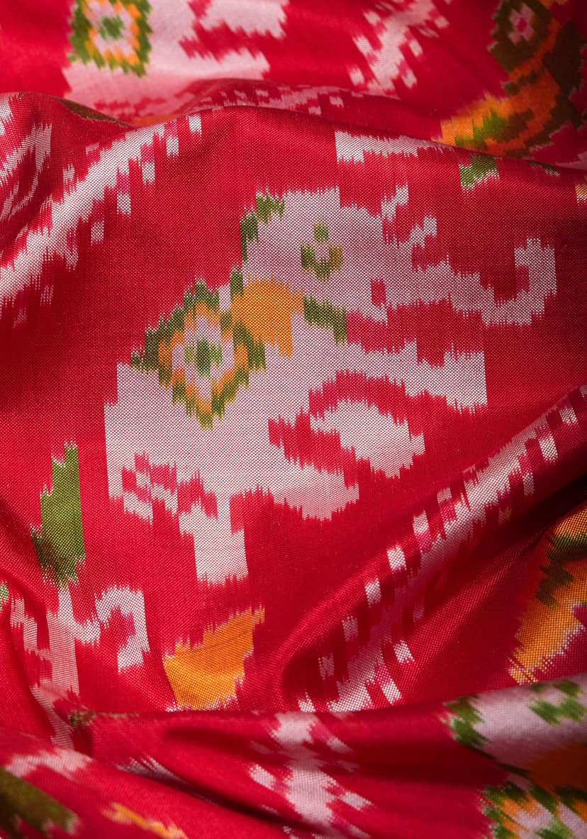 Red Ikkat Kanjivaram Pure Silk Saree with Leheriya Madthas Design and Red wide Border| SILK MARK CERTIFIED view 2