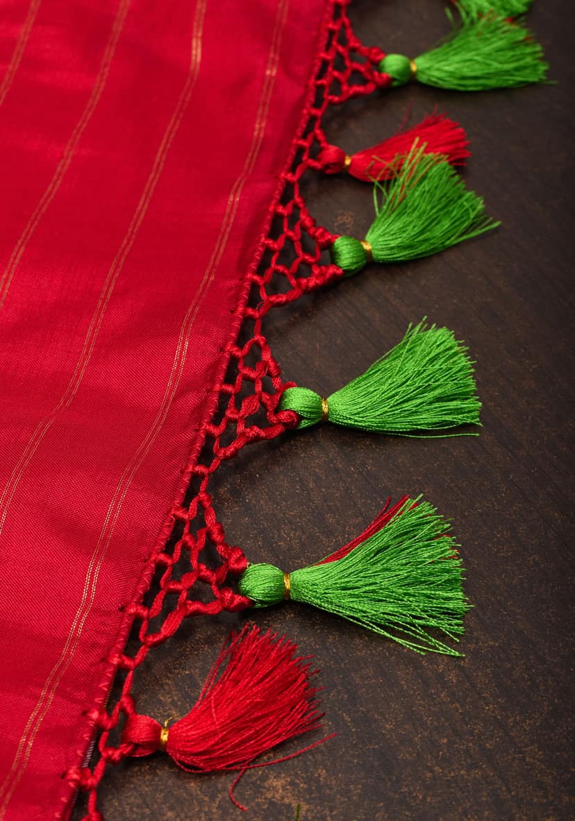 Red Ikkat Kanjivaram Pure Silk Saree with Leheriya Madthas Design and Red wide Border| SILK MARK CERTIFIED view 7
